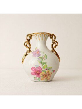Vintage Porcelain Floral Vase Gold Handles Elegant Romantic French Cottage Home